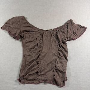 Free People Shirt Womens Small Brown Crinkled Ruched Short Sleeve Top Knit S